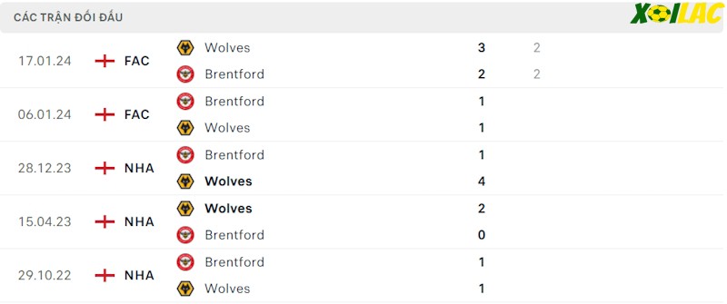 Thành tích đối đầu Wolves vs Brentford Thành tích đối đầu Wolves vs Brentford